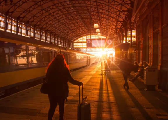 gare avec couché de soleil