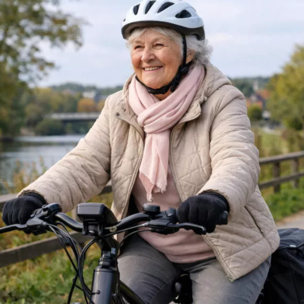 une femme âgée sur un vélo
