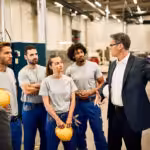 mid adult businessman giving presentation group industrial workers factory